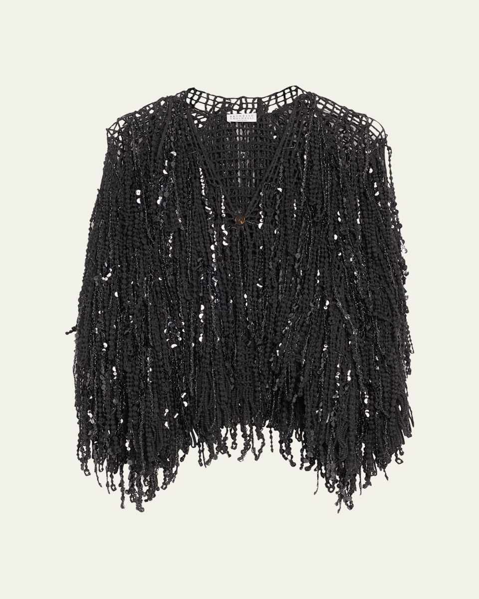 Paillette Fringe Embroidered Single-Button Cardigan